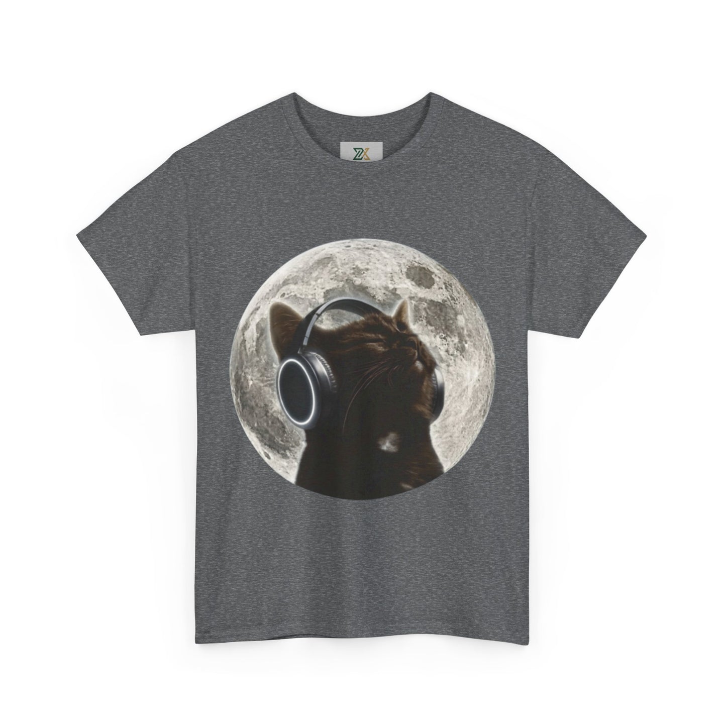 Moonlit Cat Headphones T-Shirt — Cat Listening to Music Graphic Tee