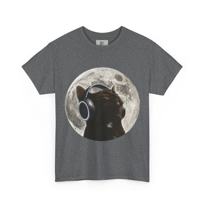 Moonlit Cat Headphones T-Shirt — Cat Listening to Music Graphic Tee