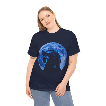 Cat Moonheadphone T-Shirt — Blue Lunar Cat Music Tee