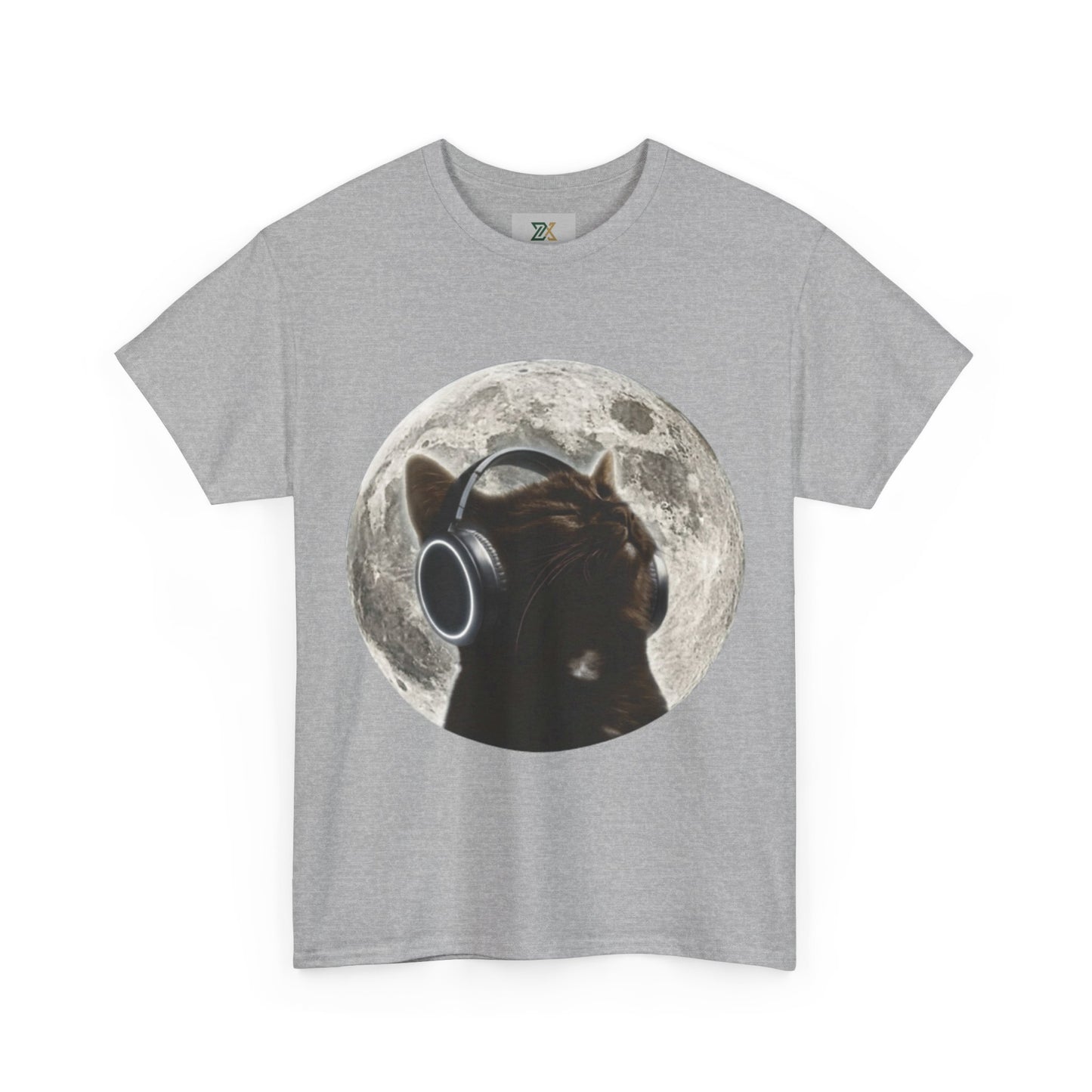 Moonlit Cat Headphones T-Shirt — Cat Listening to Music Graphic Tee