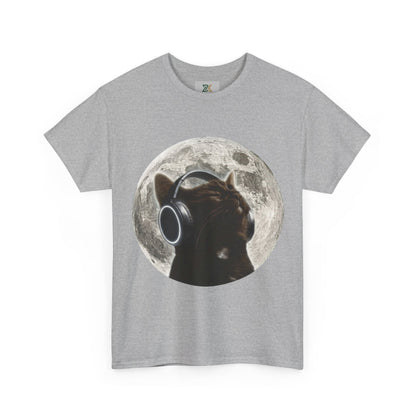 Moonlit Cat Headphones T-Shirt — Cat Listening to Music Graphic Tee