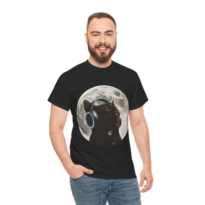 Moonlit Cat Headphones T-Shirt — Cat Listening to Music Graphic Tee