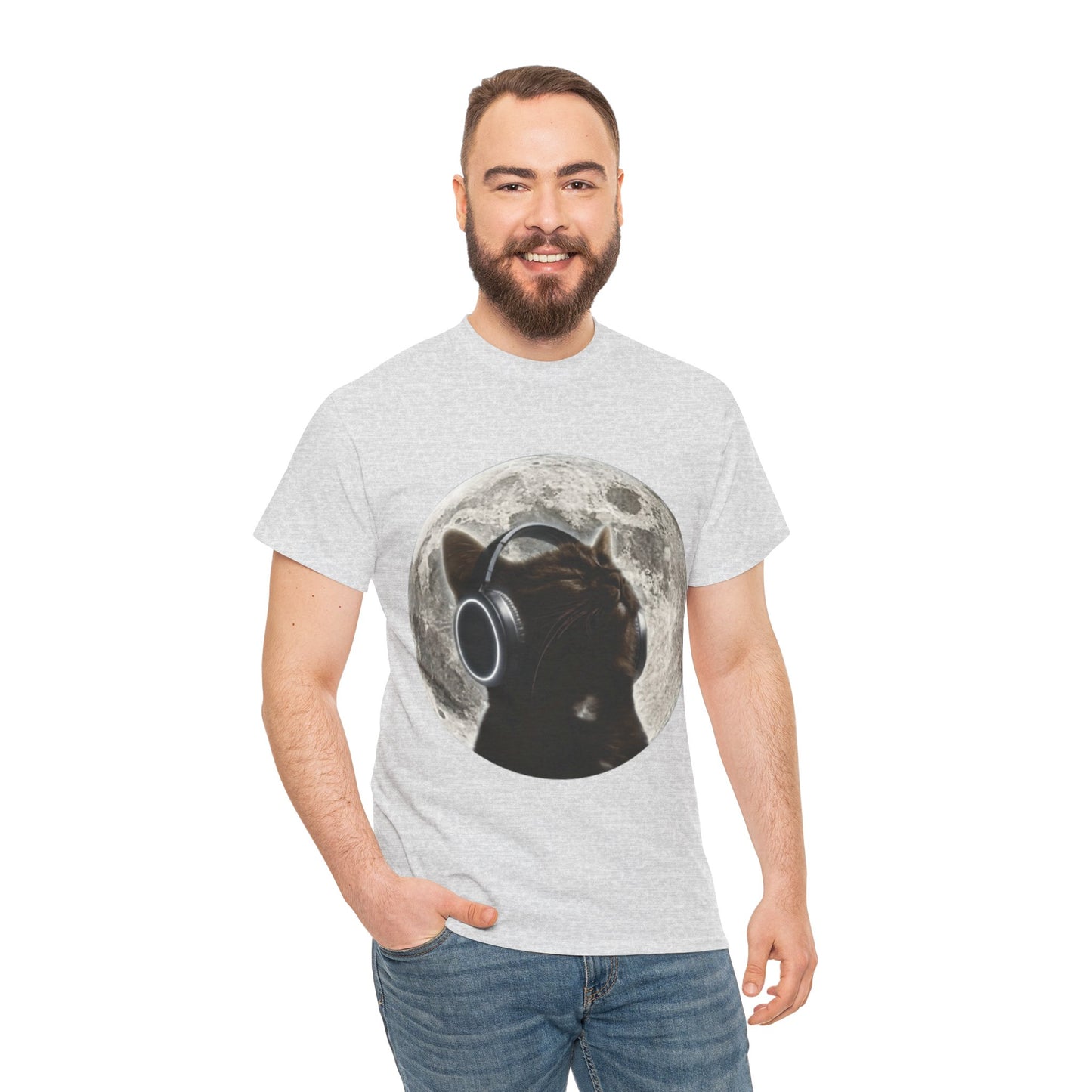 Moonlit Cat Headphones T-Shirt — Cat Listening to Music Graphic Tee
