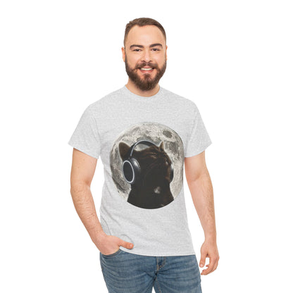 Moonlit Cat Headphones T-Shirt — Cat Listening to Music Graphic Tee