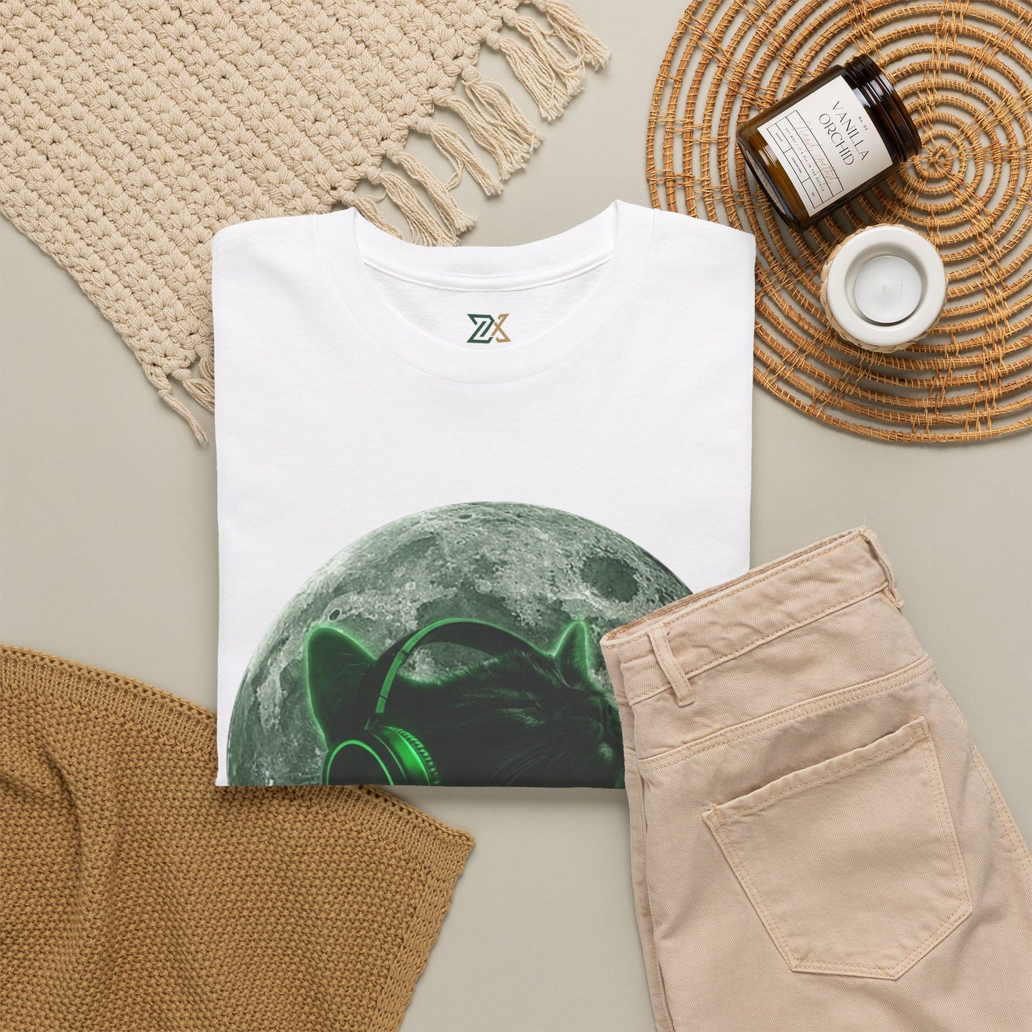 Cat DJ Moon T-Shirt — Neon Headphones Cat Graphic Tee
