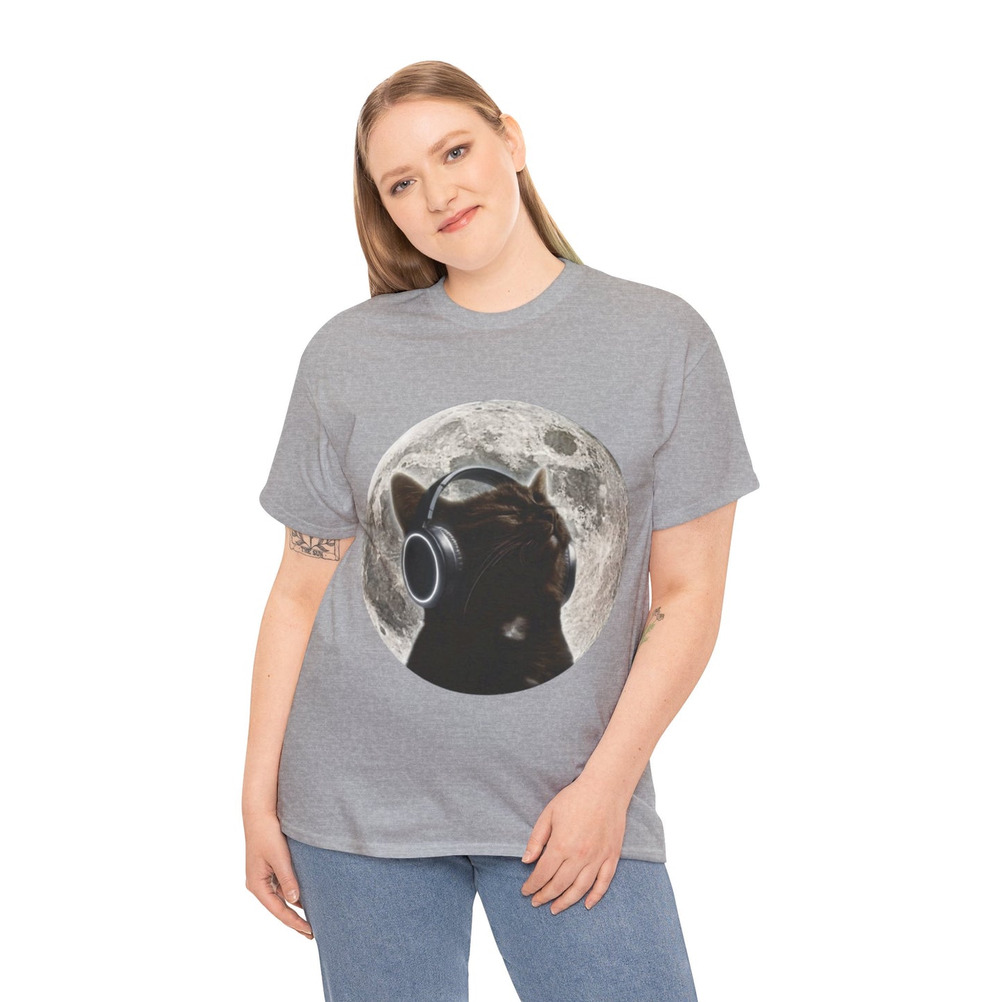 Moonlit Cat Headphones T-Shirt — Cat Listening to Music Graphic Tee
