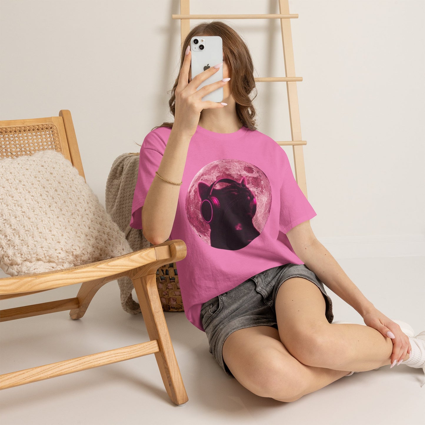 Cat DJ Moon T-Shirt — Retro Pink Lunar Cat Graphic Tee