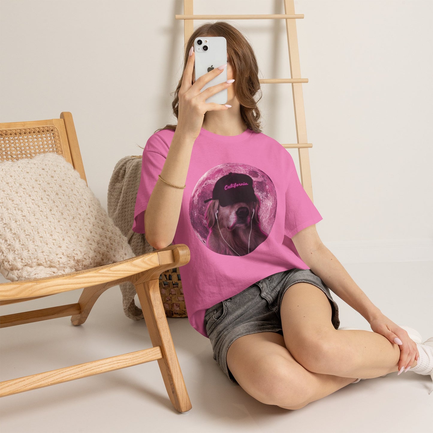 Dog Pink Moon Tee — Golden Retriever with Headphones
