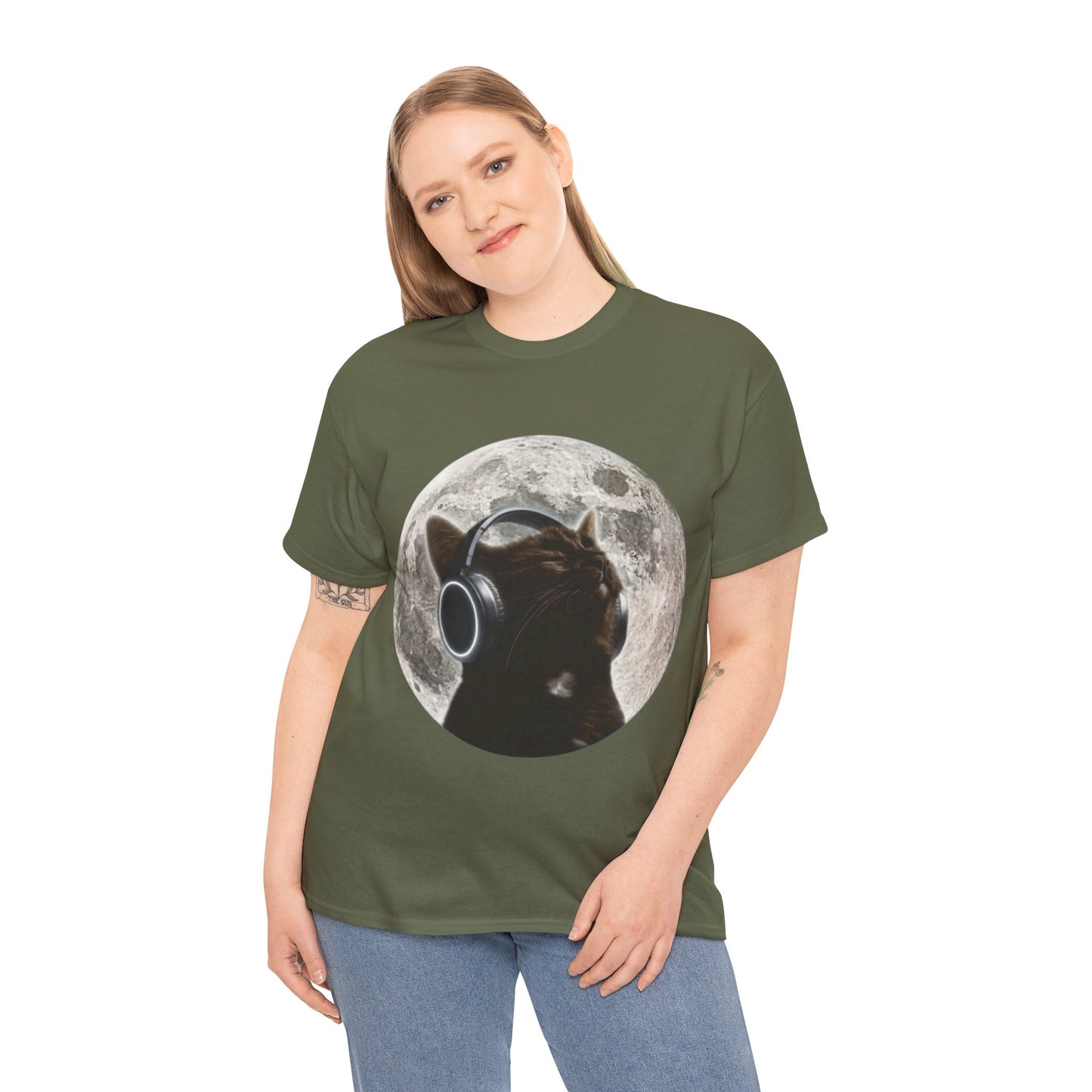 Moonlit Cat Headphones T-Shirt — Cat Listening to Music Graphic Tee