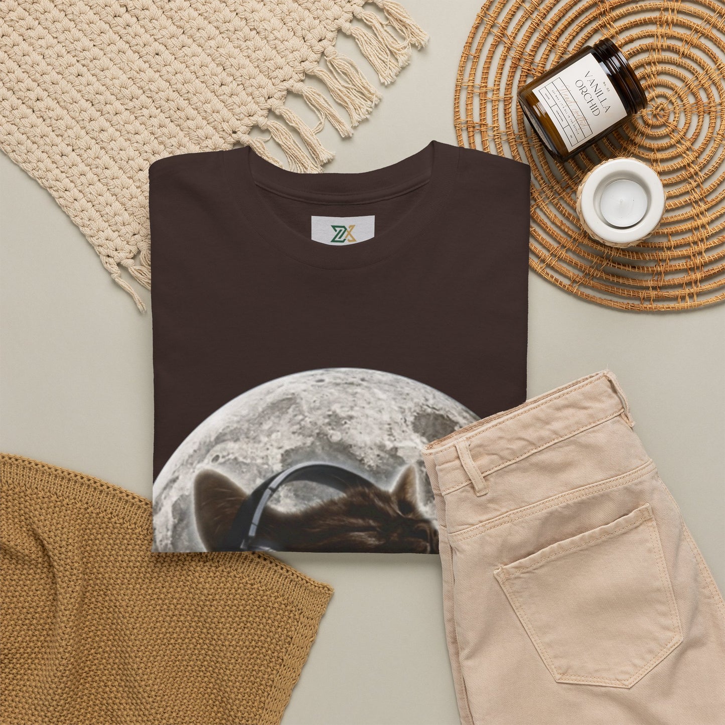 Moonlit Cat Headphones T-Shirt — Cat Listening to Music Graphic Tee