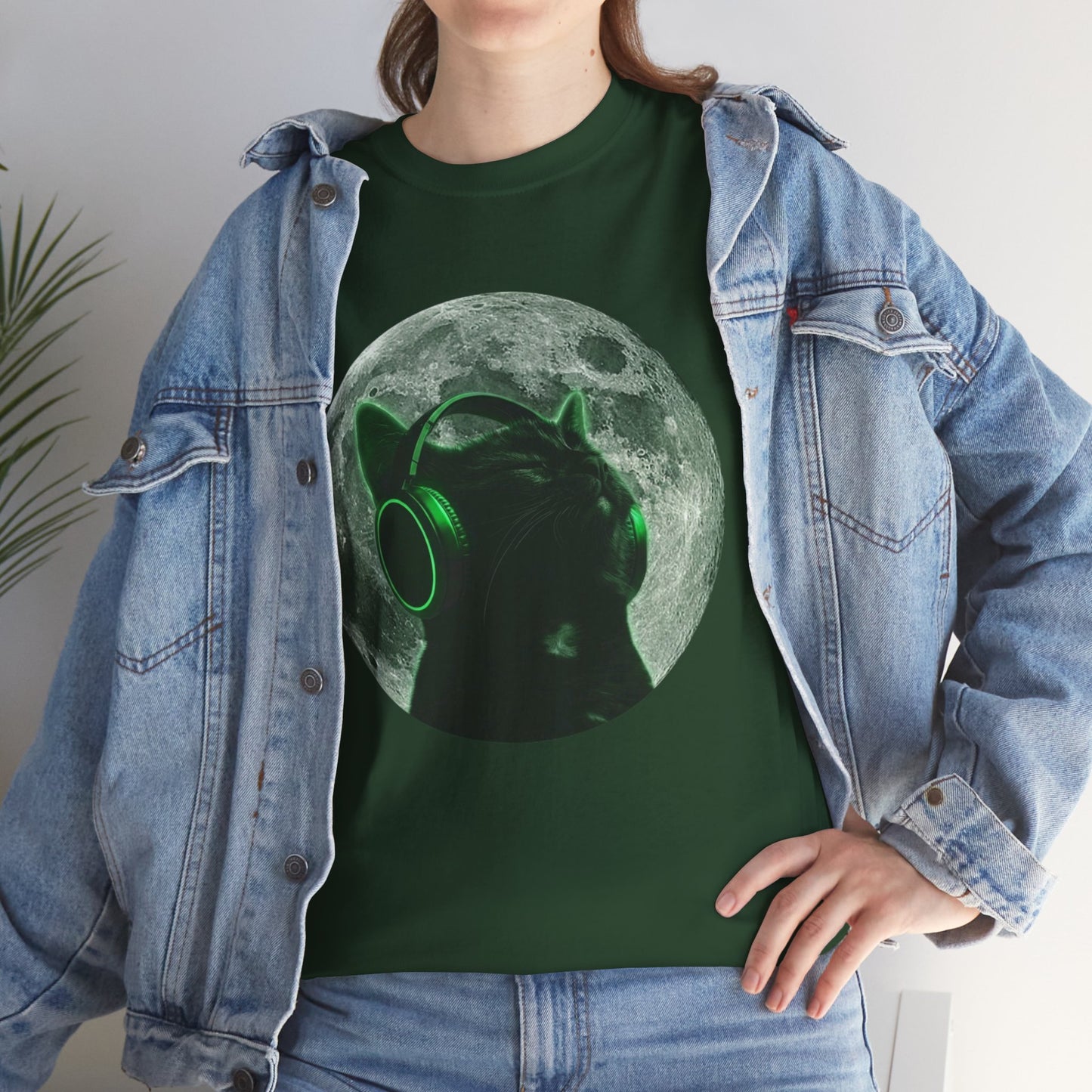 Cat DJ Moon T-Shirt — Neon Headphones Cat Graphic Tee