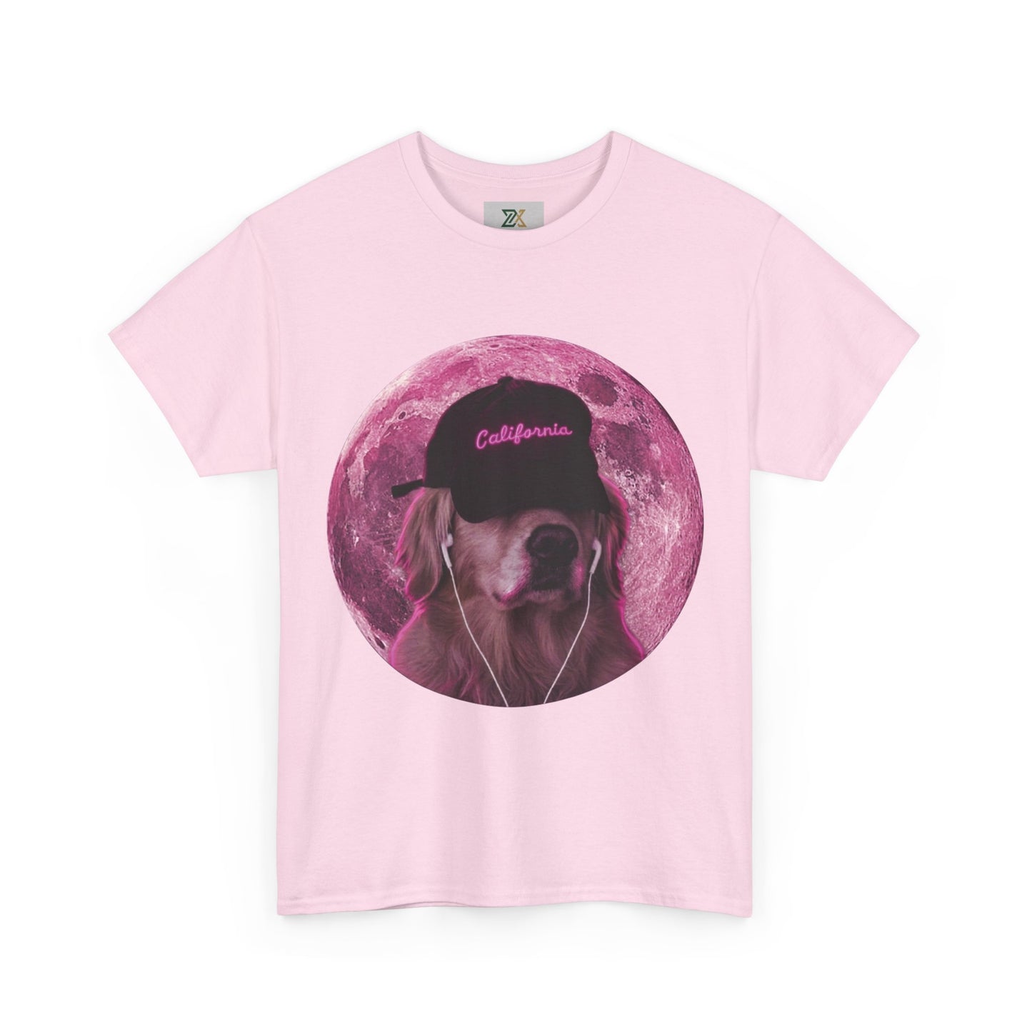 Dog Pink Moon Tee — Golden Retriever with Headphones