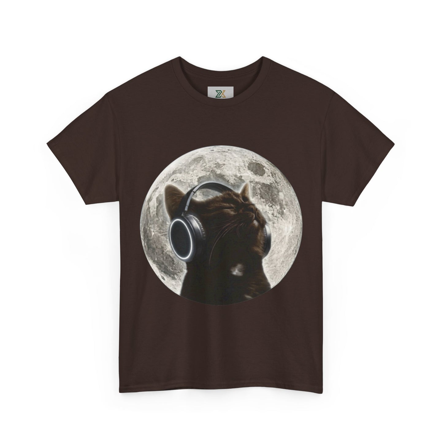 Moonlit Cat Headphones T-Shirt — Cat Listening to Music Graphic Tee