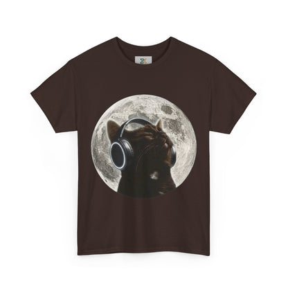 Moonlit Cat Headphones T-Shirt — Cat Listening to Music Graphic Tee