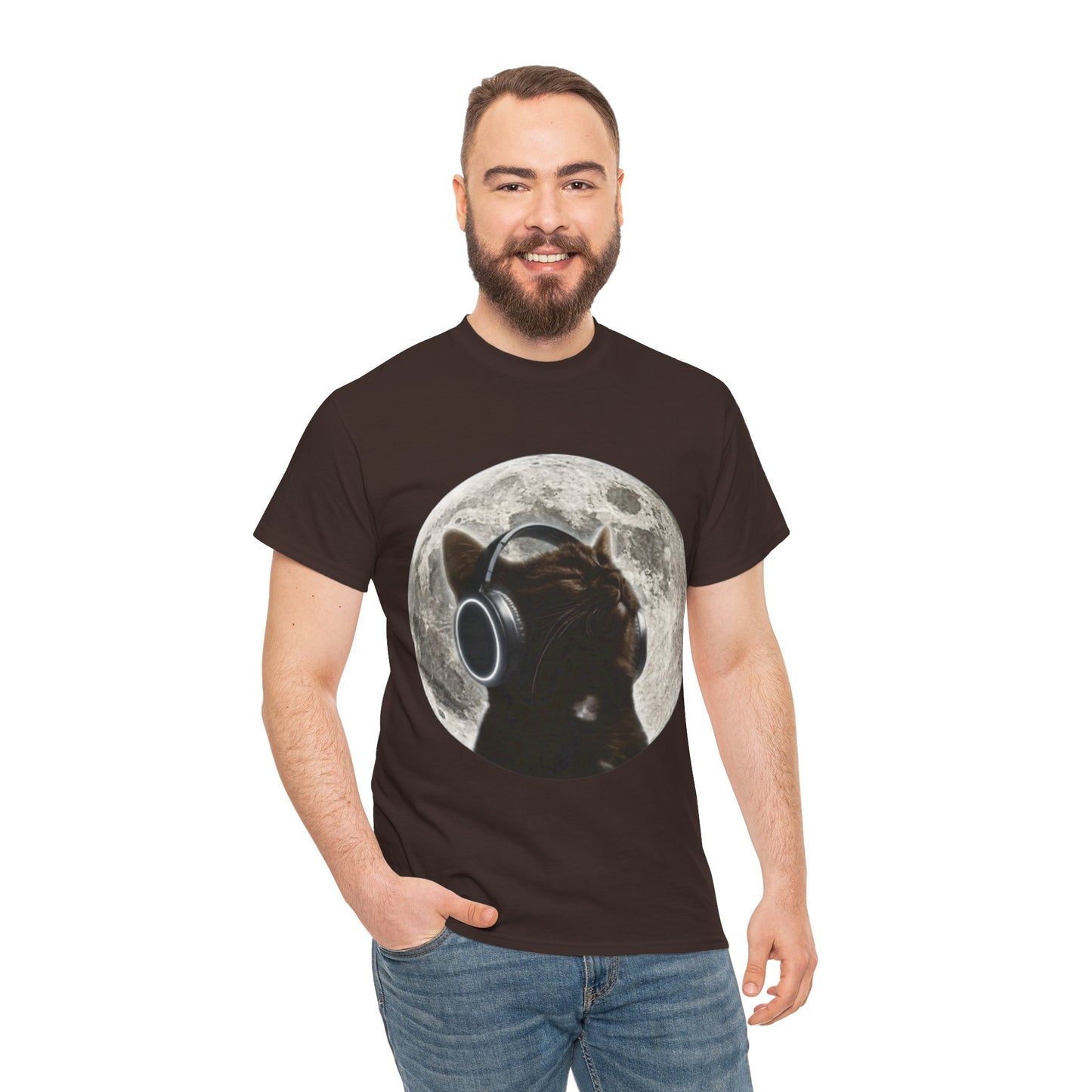 Moonlit Cat Headphones T-Shirt — Cat Listening to Music Graphic Tee