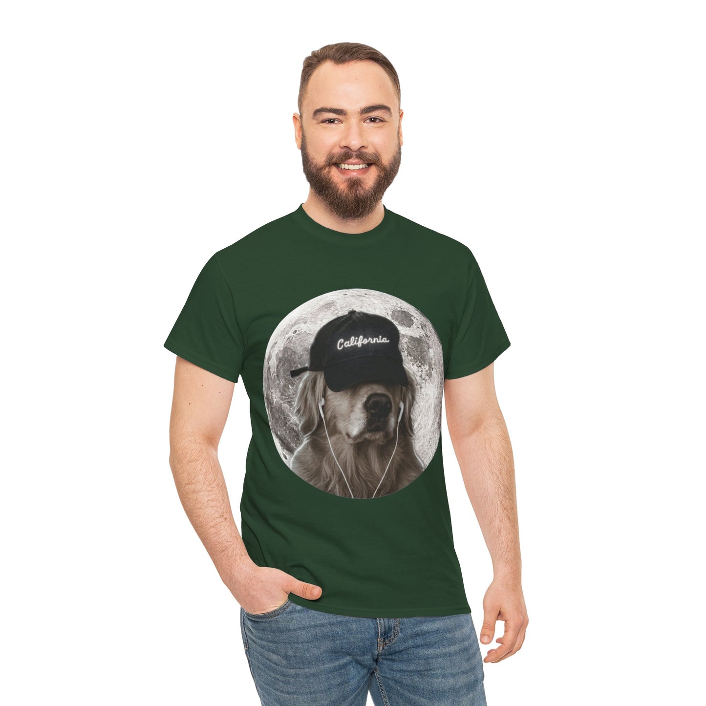 Dog Moon Tee — Golden Retriever Wearing 'California' Cap Graphic T-Shirt