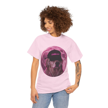 Dog Pink Moon Tee — Golden Retriever with Headphones