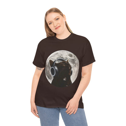 Moonlit Cat Headphones T-Shirt — Cat Listening to Music Graphic Tee