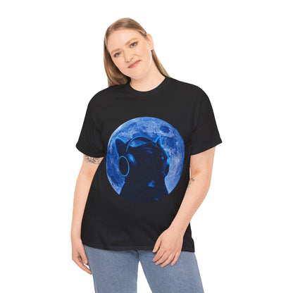 Cat Moonheadphone T-Shirt — Blue Lunar Cat Music Tee