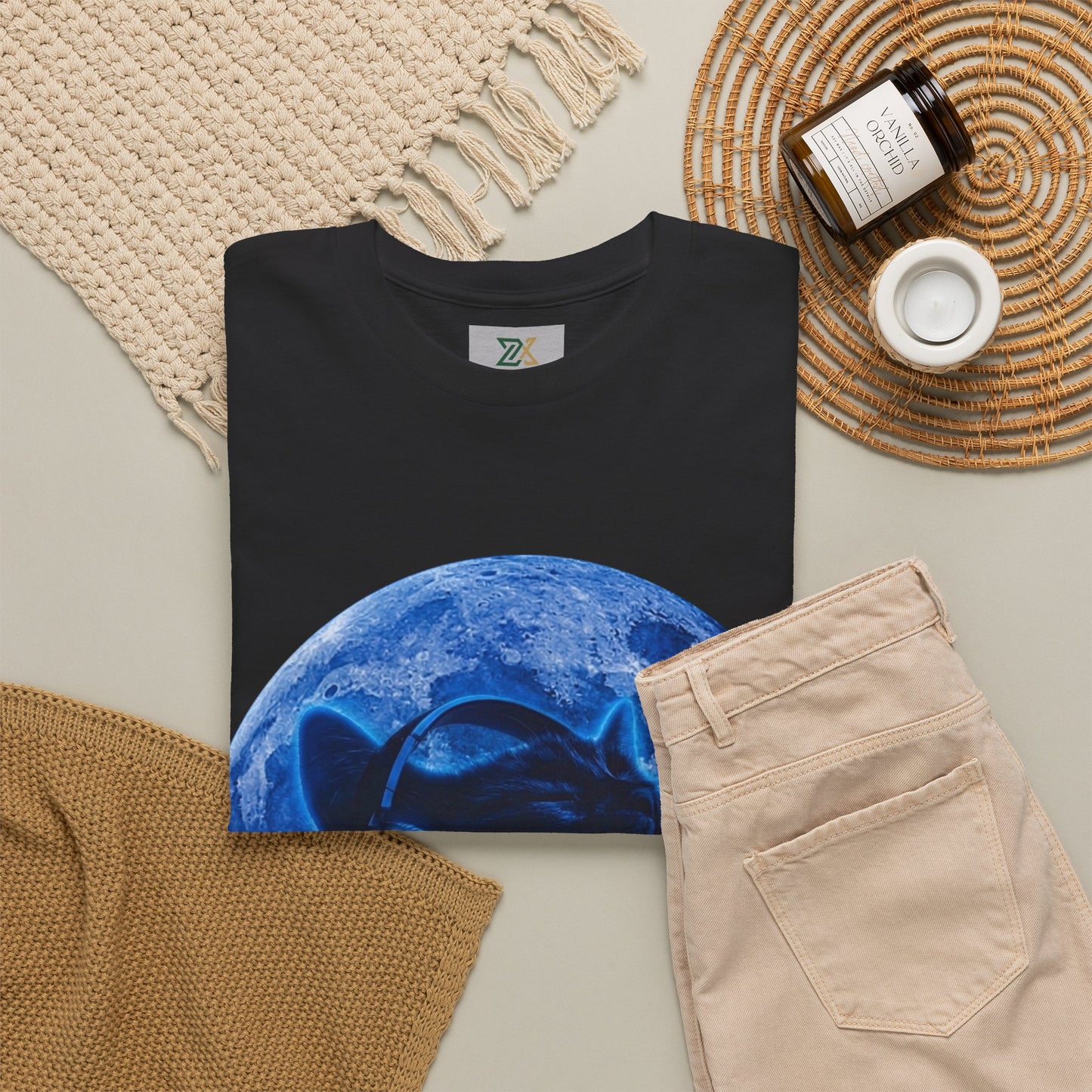 Cat Moonheadphone T-Shirt — Blue Lunar Cat Music Tee