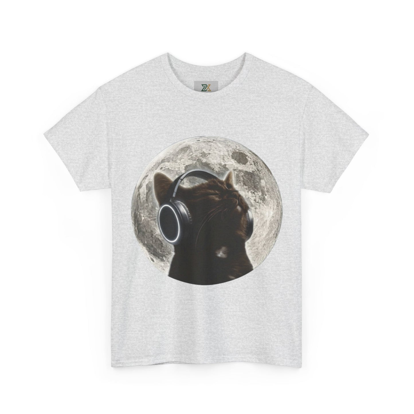 Moonlit Cat Headphones T-Shirt — Cat Listening to Music Graphic Tee