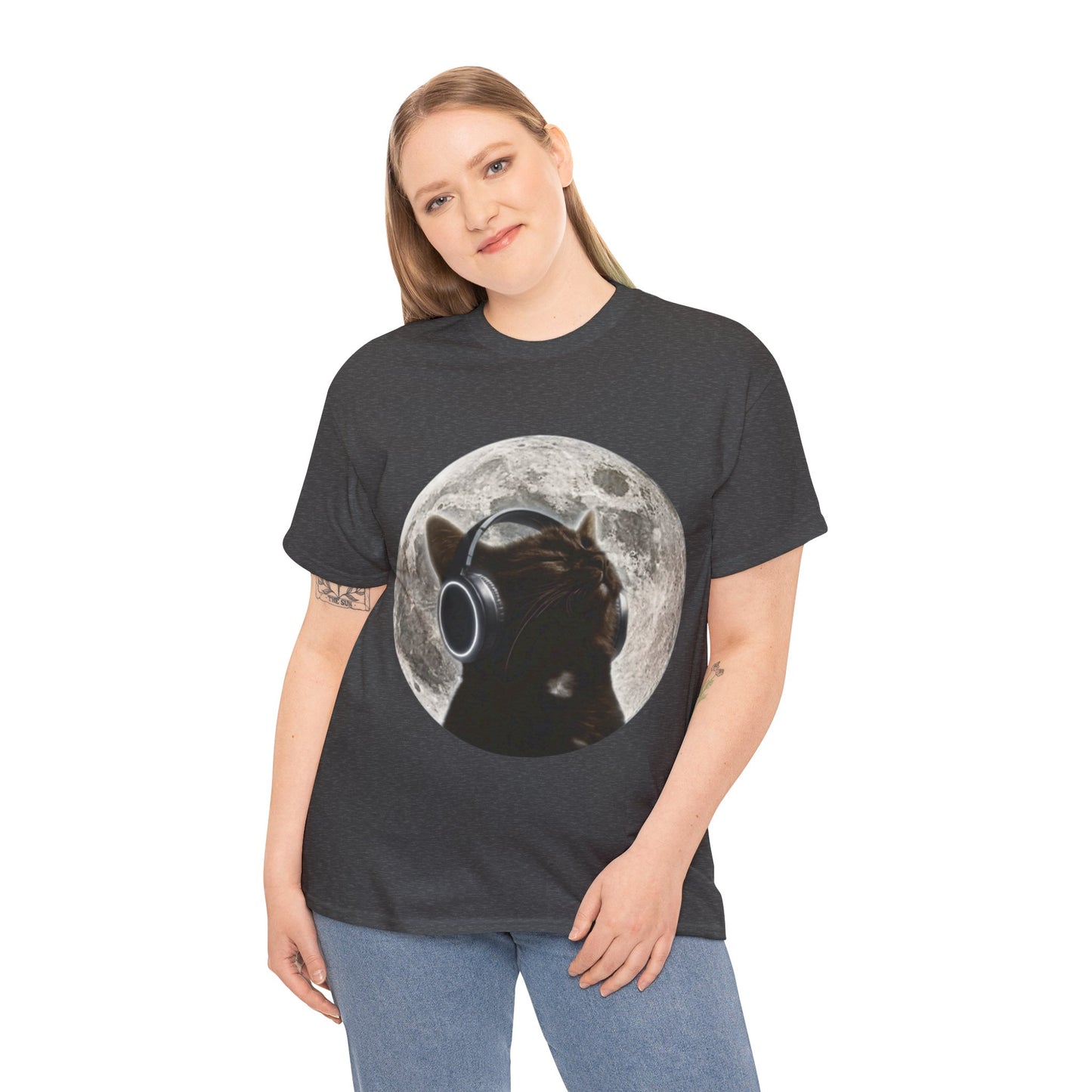 Moonlit Cat Headphones T-Shirt — Cat Listening to Music Graphic Tee