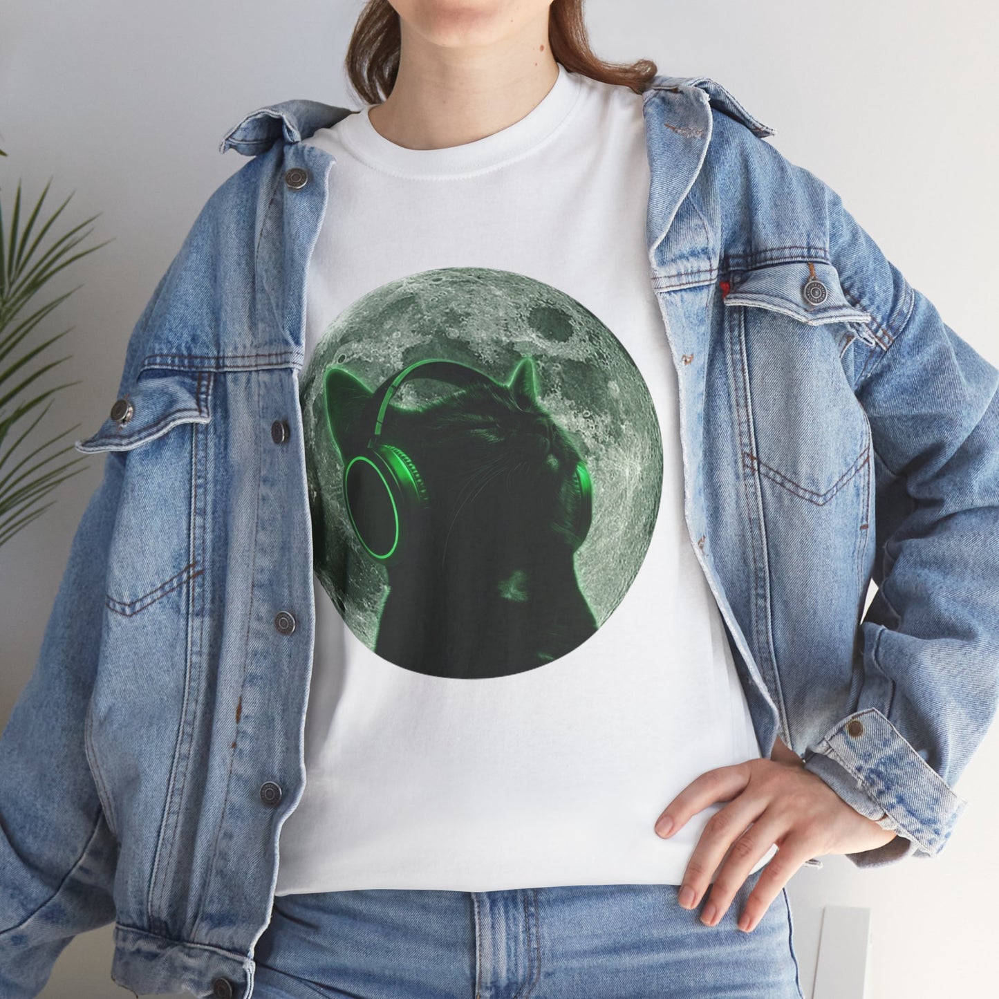 Cat DJ Moon T-Shirt — Neon Headphones Cat Graphic Tee