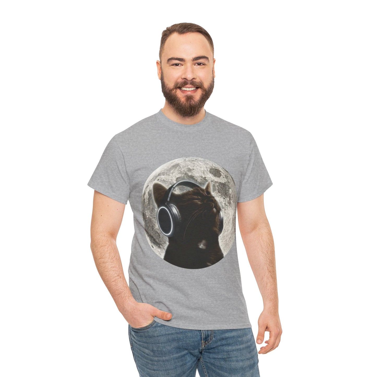 Moonlit Cat Headphones T-Shirt — Cat Listening to Music Graphic Tee