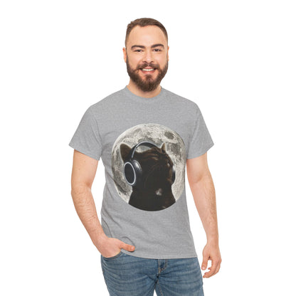 Moonlit Cat Headphones T-Shirt — Cat Listening to Music Graphic Tee