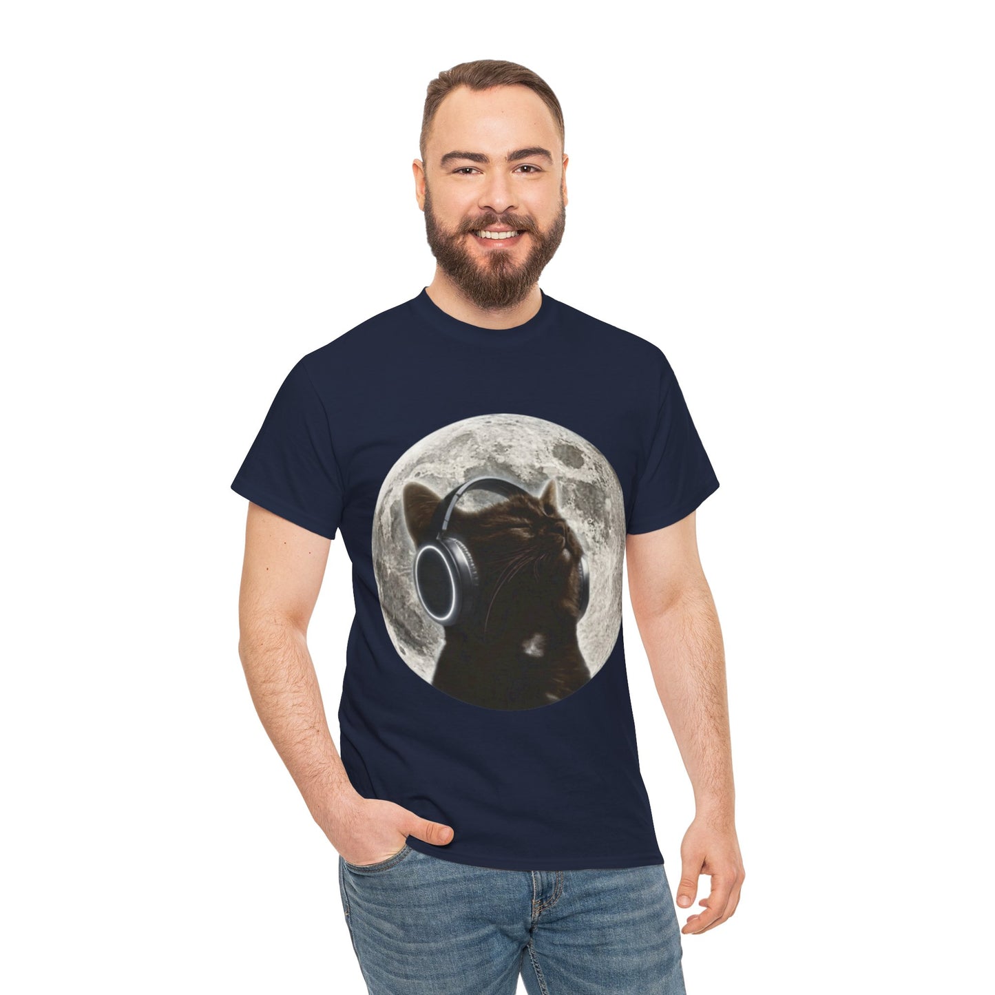Moonlit Cat Headphones T-Shirt — Cat Listening to Music Graphic Tee