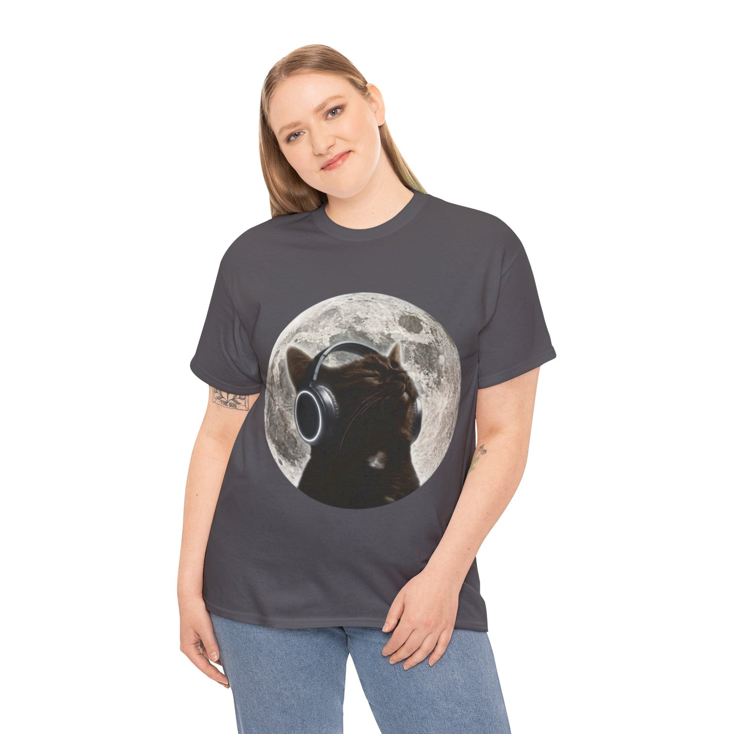 Moonlit Cat Headphones T-Shirt — Cat Listening to Music Graphic Tee