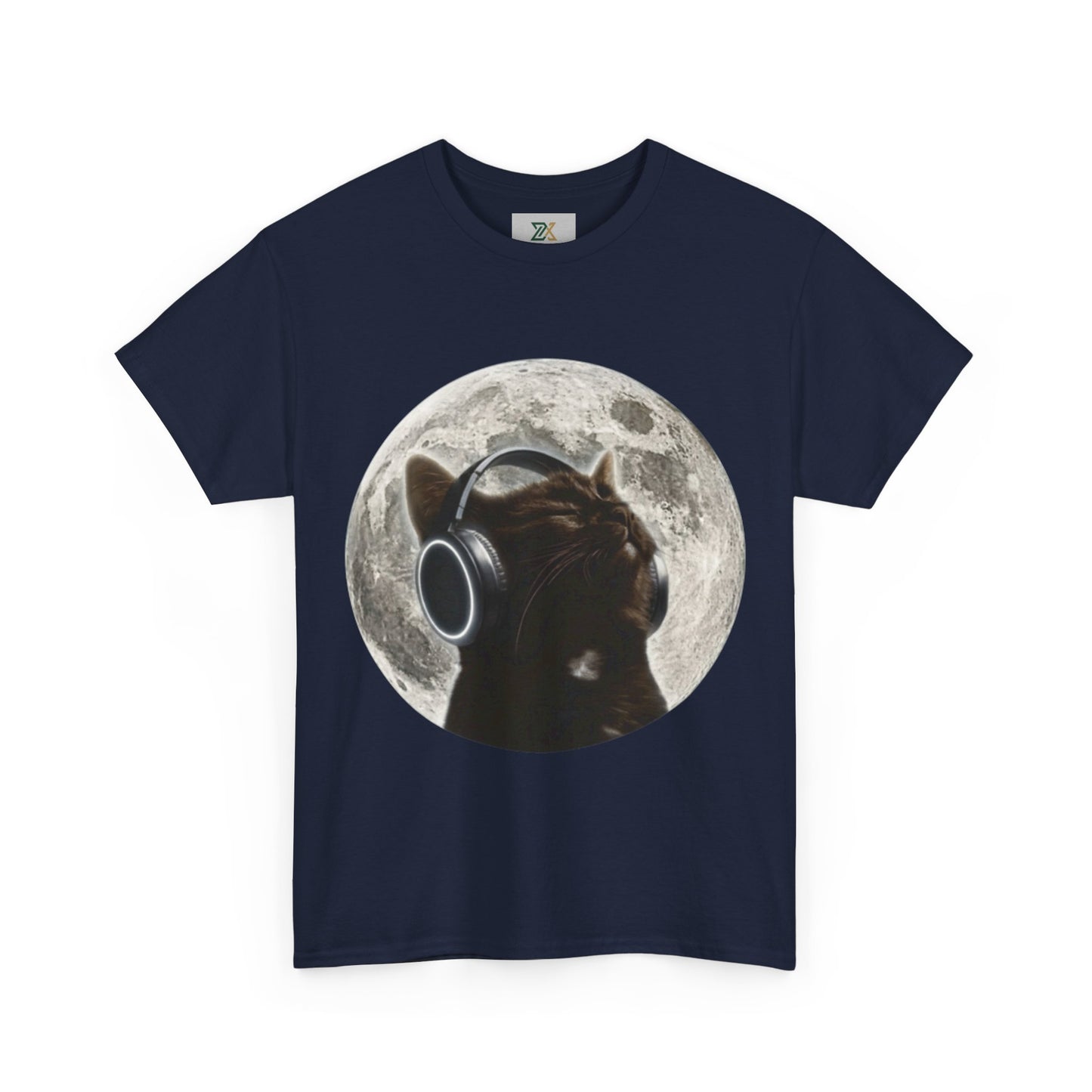 Moonlit Cat Headphones T-Shirt — Cat Listening to Music Graphic Tee