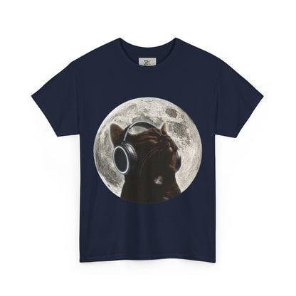 Moonlit Cat Headphones T-Shirt — Cat Listening to Music Graphic Tee