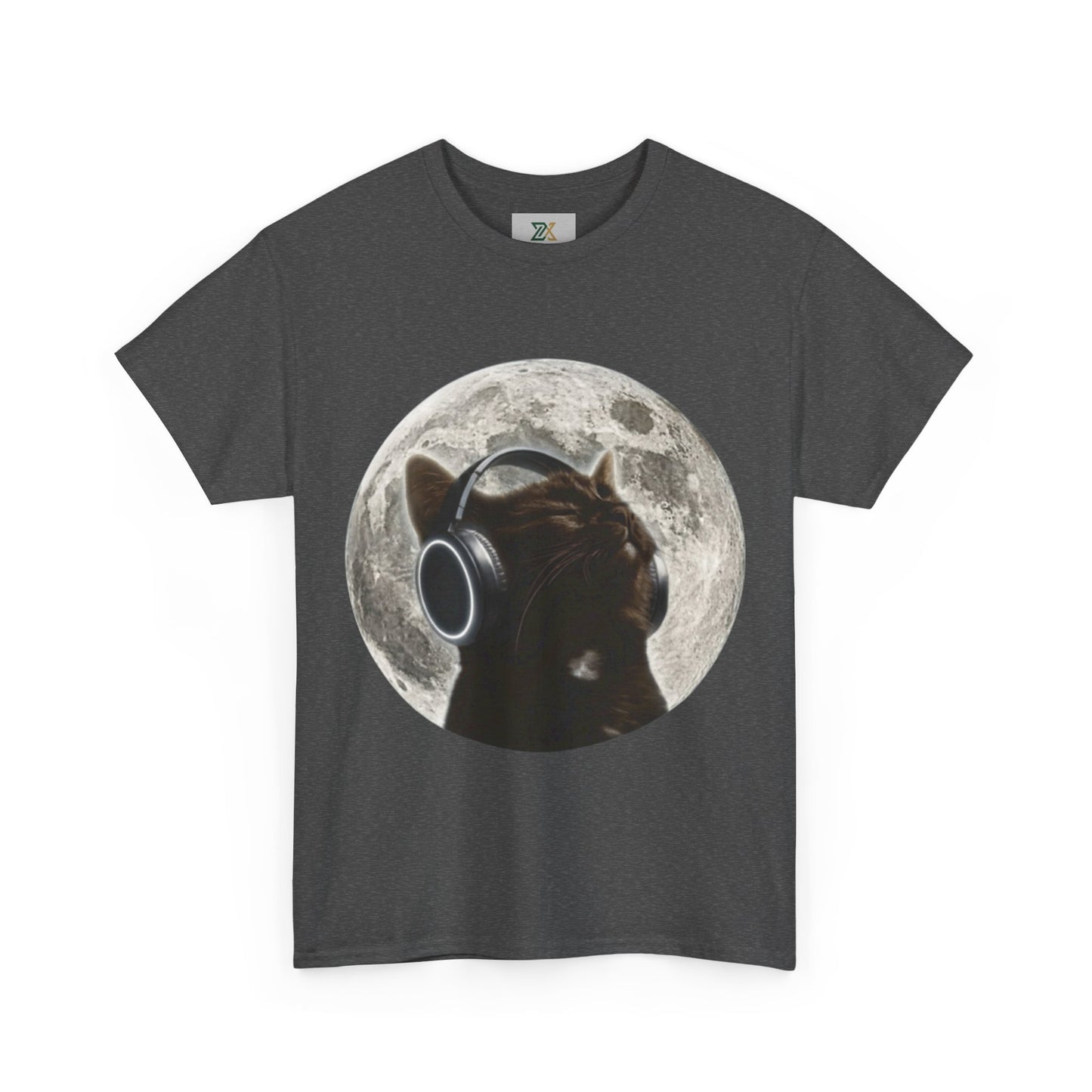 Moonlit Cat Headphones T-Shirt — Cat Listening to Music Graphic Tee