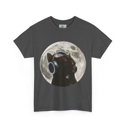 Moonlit Cat Headphones T-Shirt — Cat Listening to Music Graphic Tee