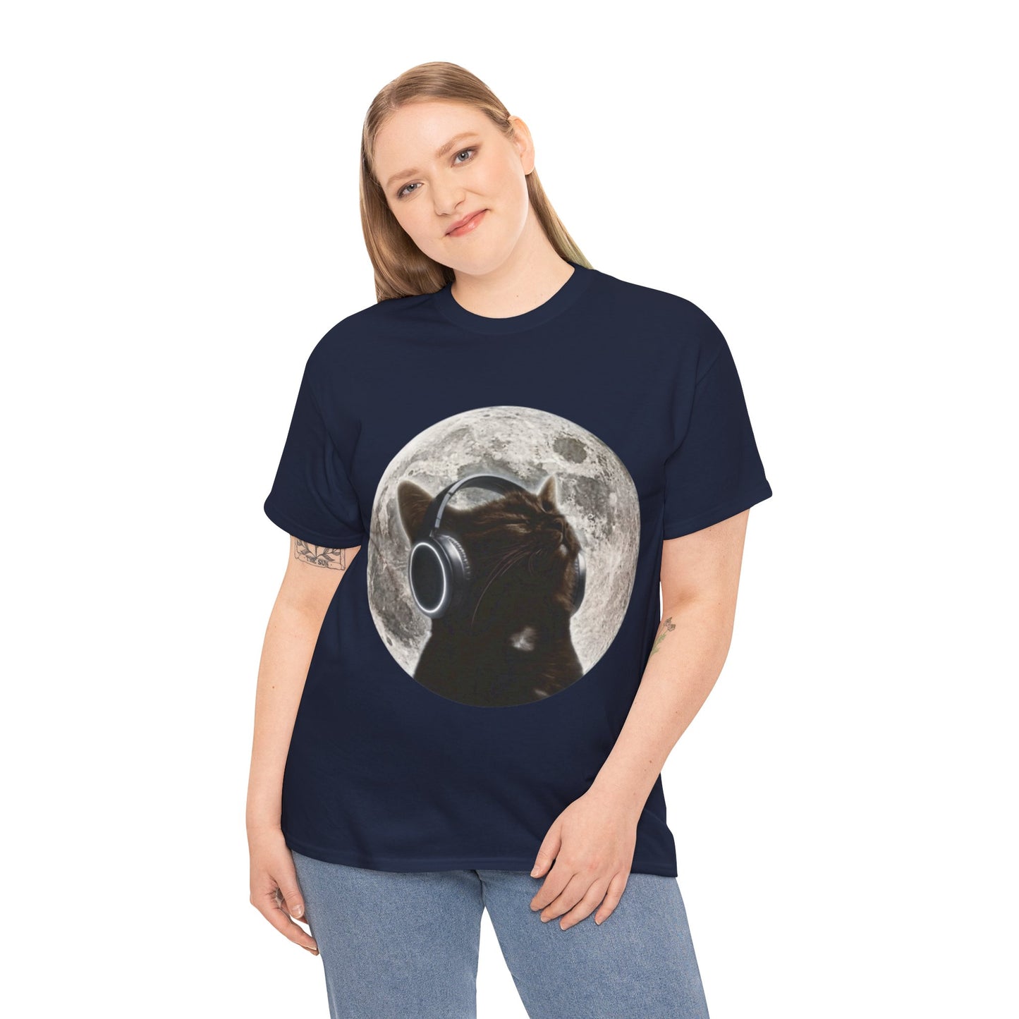 Moonlit Cat Headphones T-Shirt — Cat Listening to Music Graphic Tee