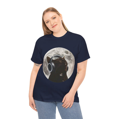 Moonlit Cat Headphones T-Shirt — Cat Listening to Music Graphic Tee