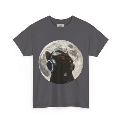 Moonlit Cat Headphones T-Shirt — Cat Listening to Music Graphic Tee