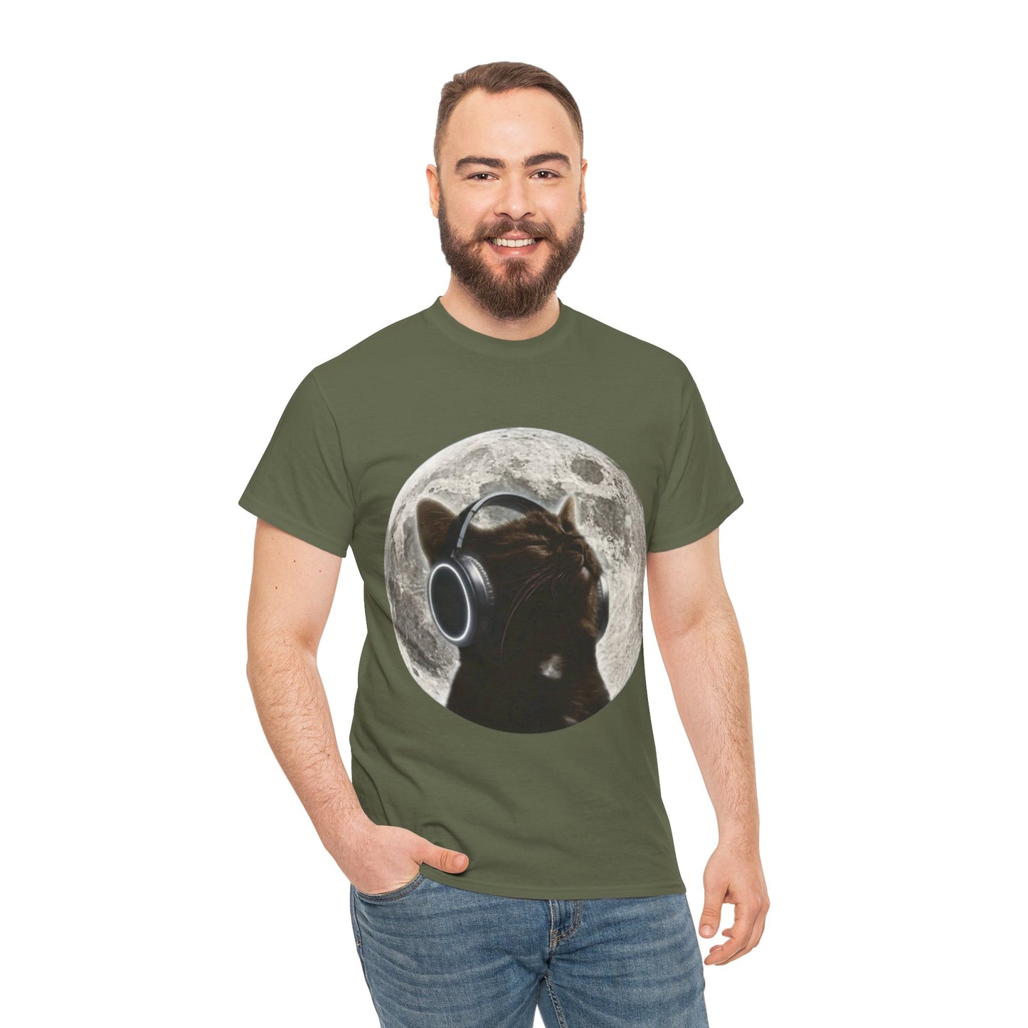 Moonlit Cat Headphones T-Shirt — Cat Listening to Music Graphic Tee