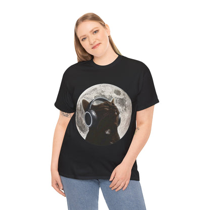 Moonlit Cat Headphones T-Shirt — Cat Listening to Music Graphic Tee