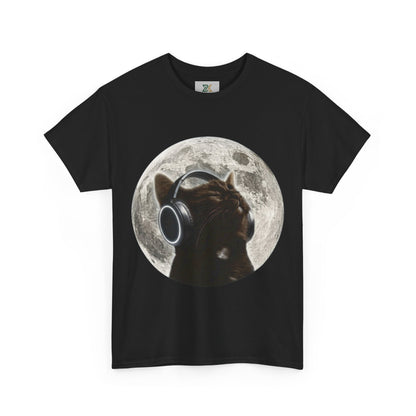 Moonlit Cat Headphones T-Shirt — Cat Listening to Music Graphic Tee