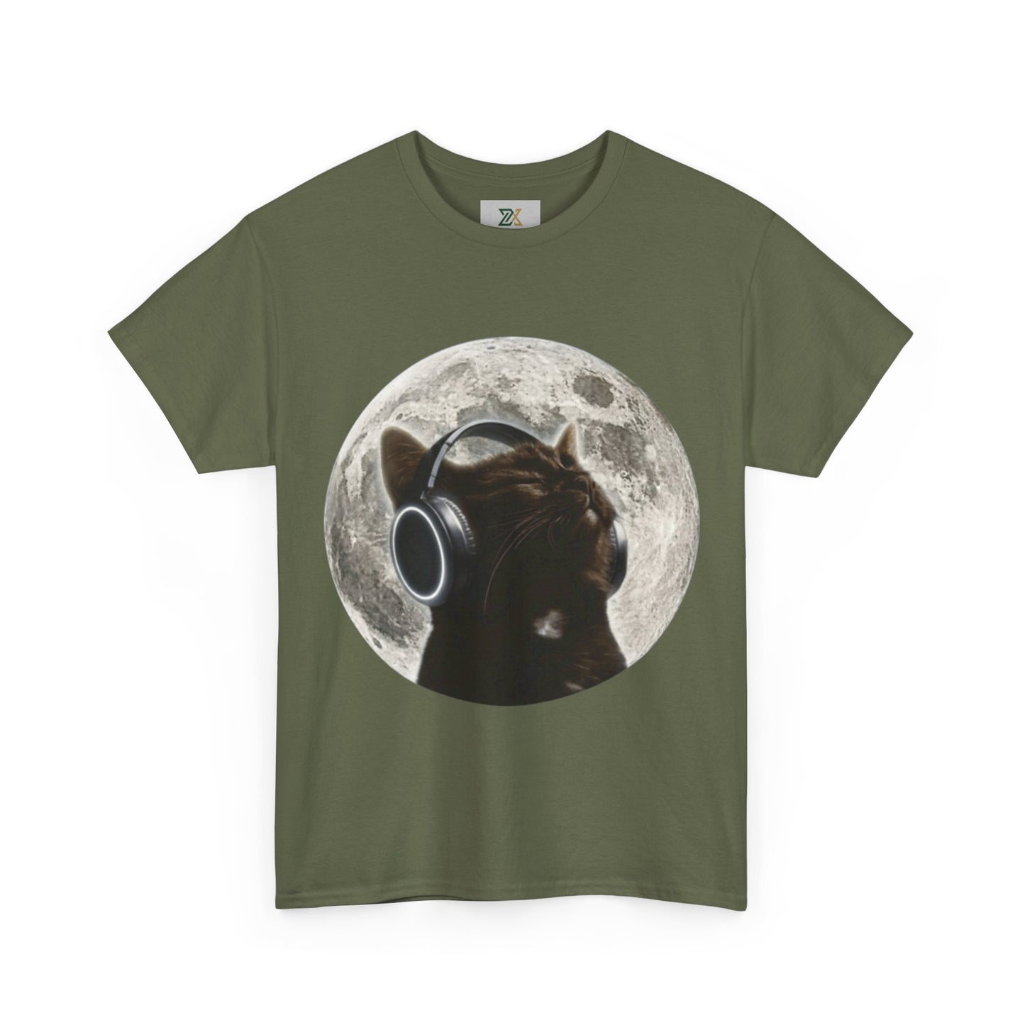 Moonlit Cat Headphones T-Shirt — Cat Listening to Music Graphic Tee