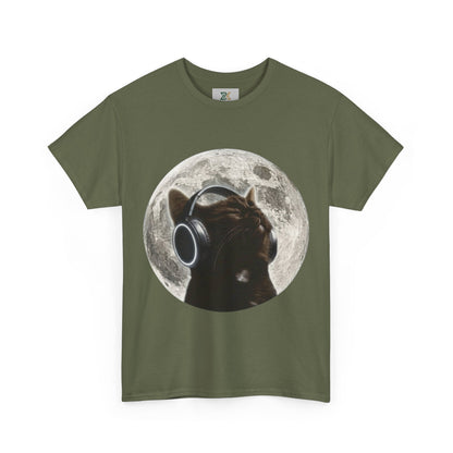 Moonlit Cat Headphones T-Shirt — Cat Listening to Music Graphic Tee