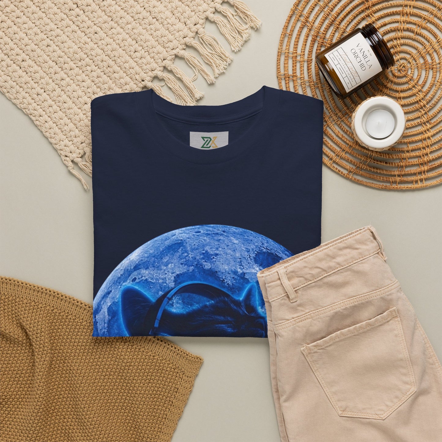 Cat Moonheadphone T-Shirt — Blue Lunar Cat Music Tee