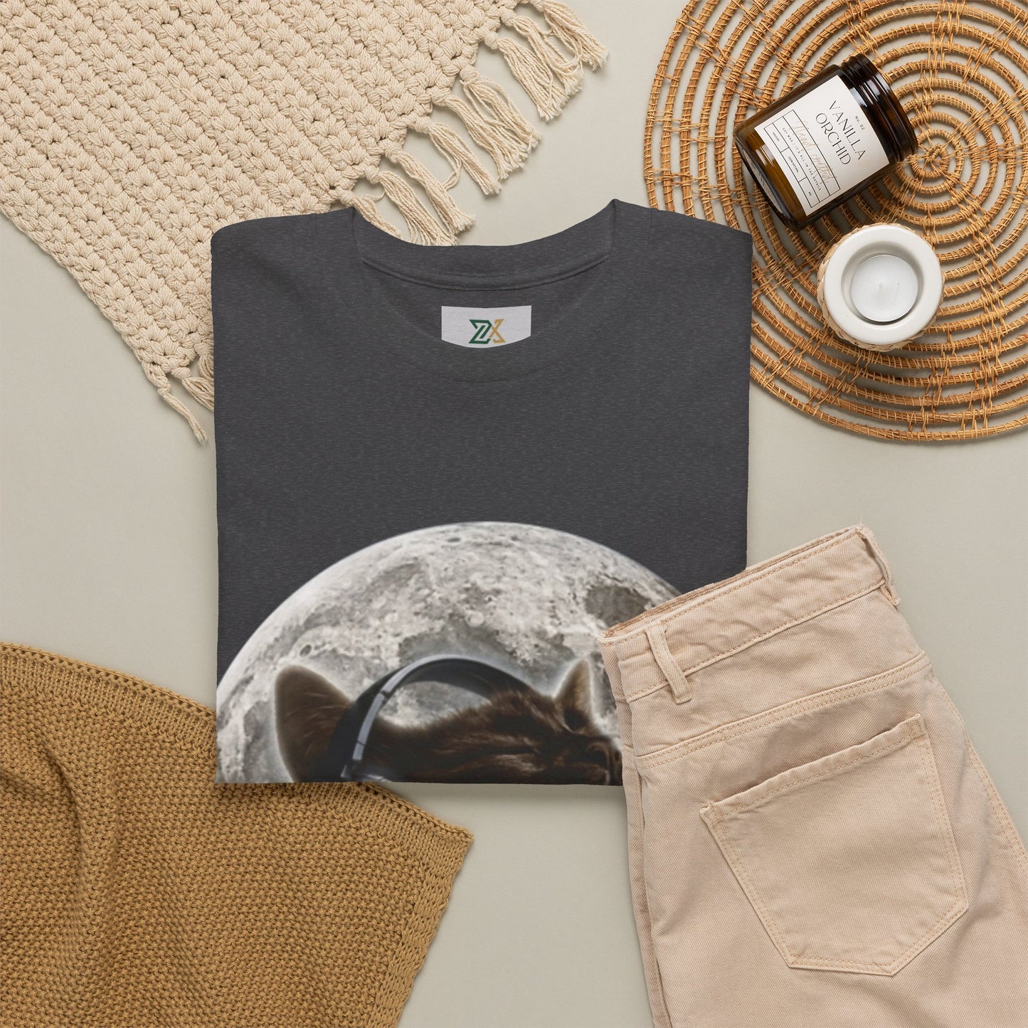 Moonlit Cat Headphones T-Shirt — Cat Listening to Music Graphic Tee