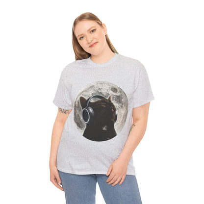Moonlit Cat Headphones T-Shirt — Cat Listening to Music Graphic Tee