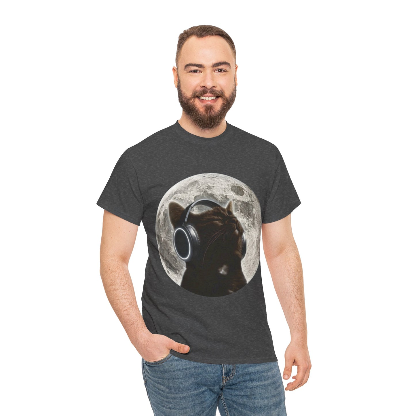Moonlit Cat Headphones T-Shirt — Cat Listening to Music Graphic Tee