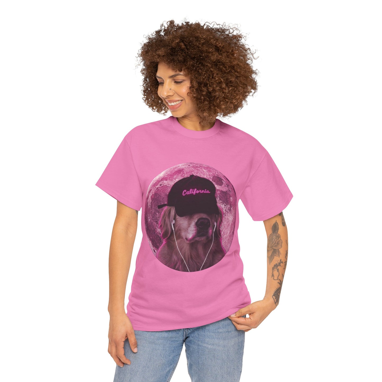 Dog Pink Moon Tee — Golden Retriever with Headphones