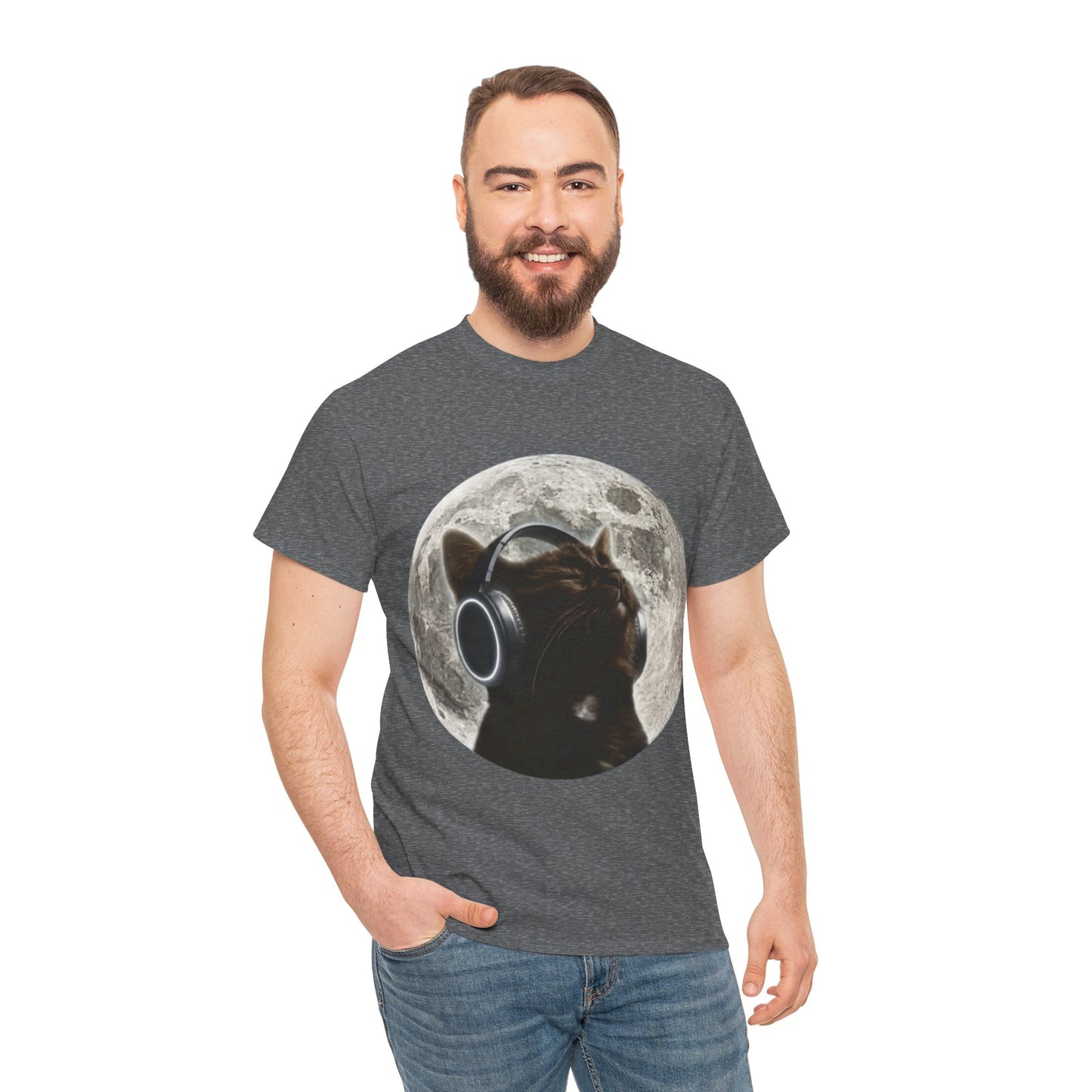 Moonlit Cat Headphones T-Shirt — Cat Listening to Music Graphic Tee
