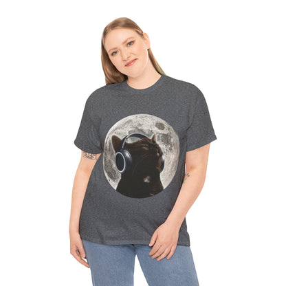 Moonlit Cat Headphones T-Shirt — Cat Listening to Music Graphic Tee